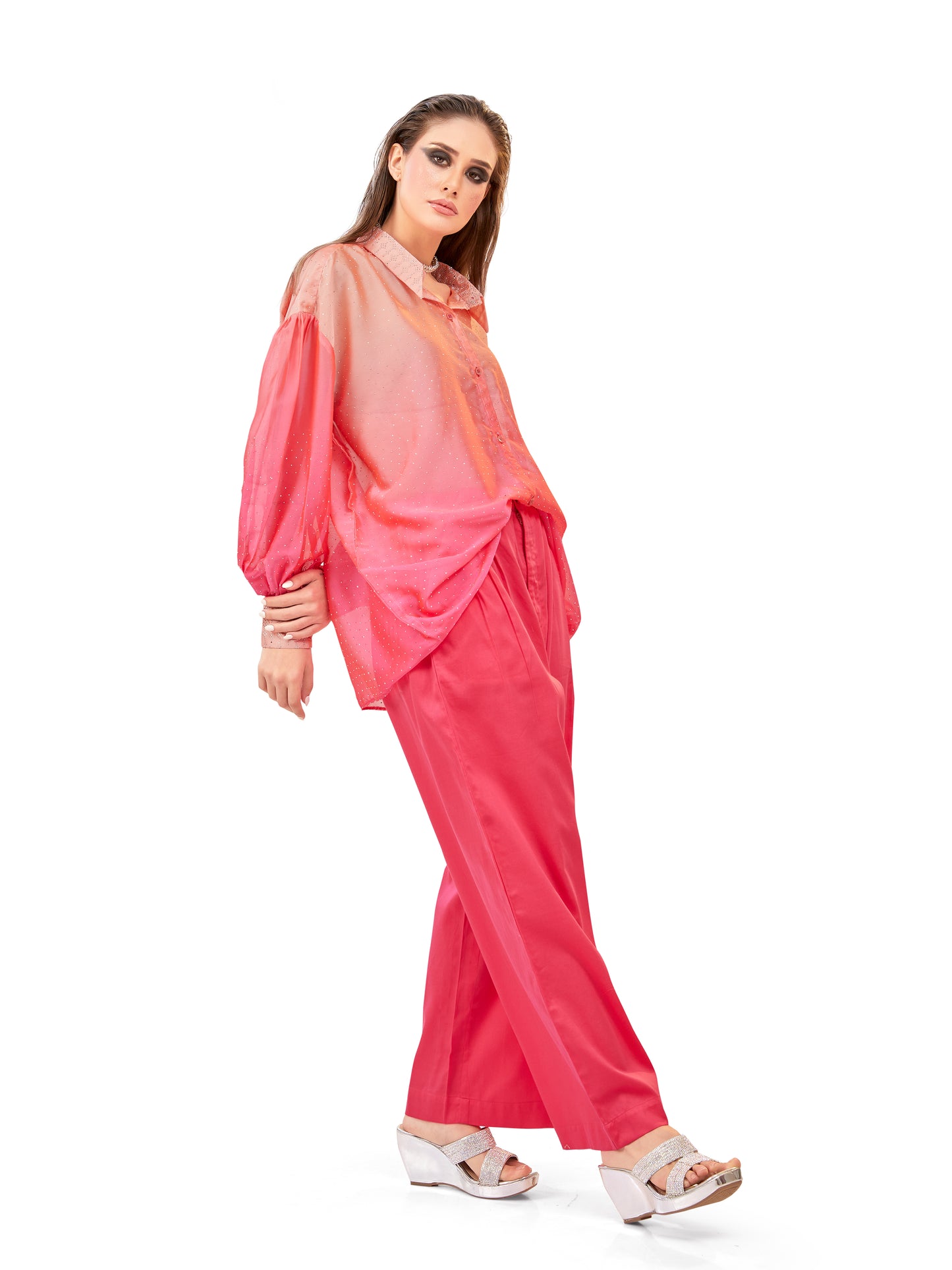 Peach & Pink Shaded Oversized Flowy Shirt with Coordinated Korean Fit Pants