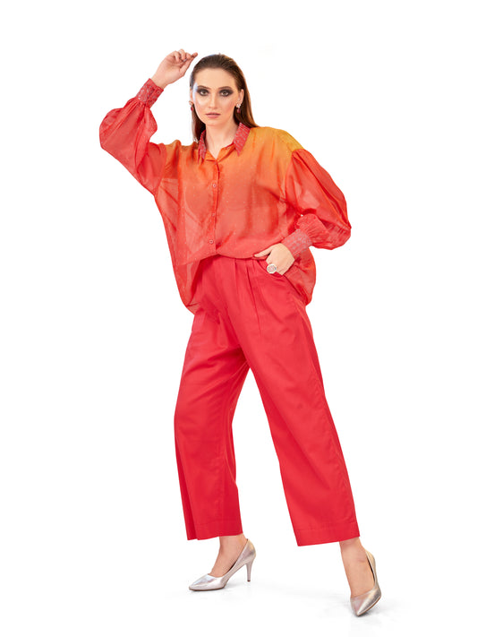 Orange and Coral Shaded Oversized Flowy Shirt with Coordinated Korean Fit Pants