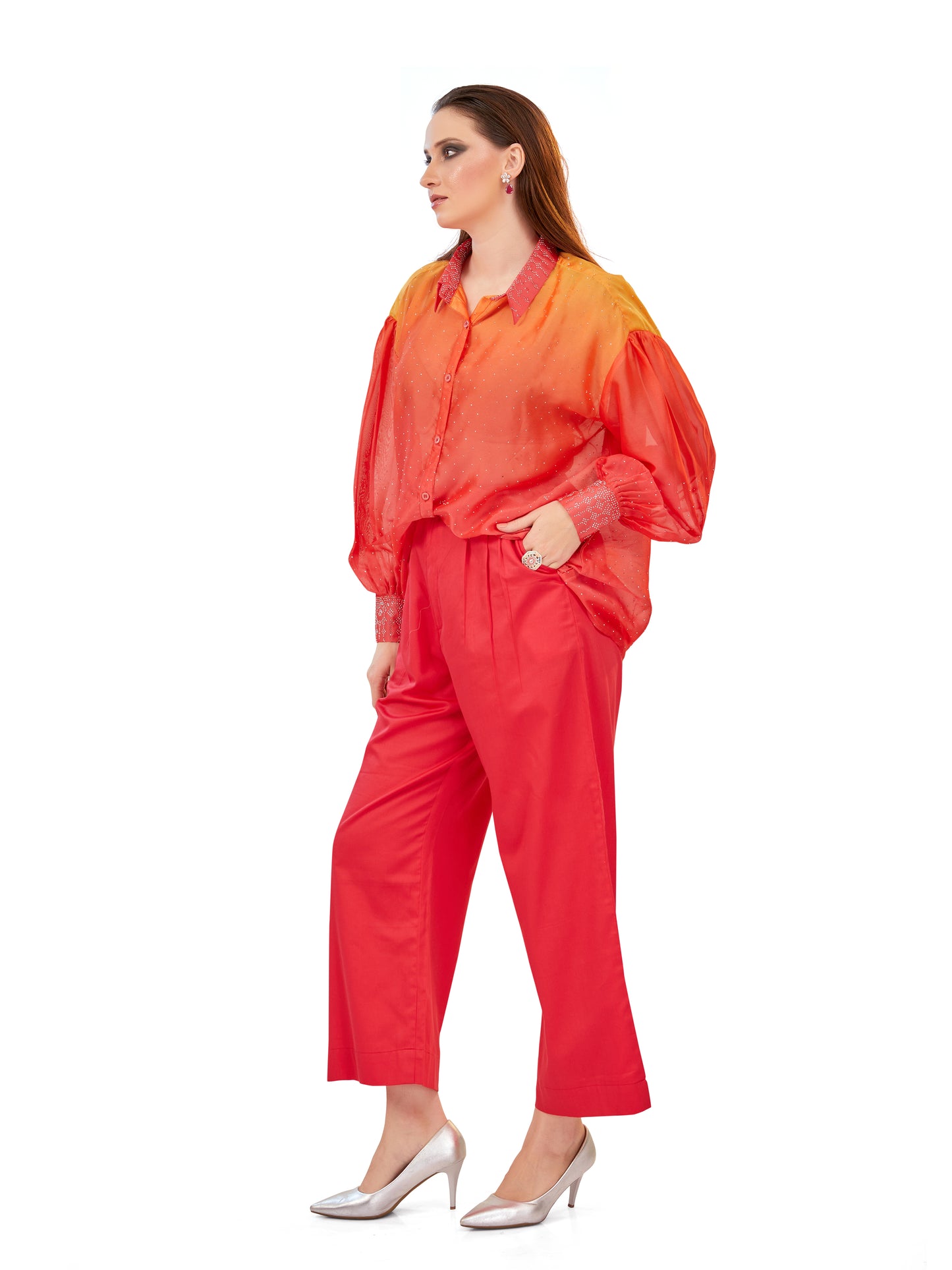 Orange and Coral Shaded Oversized Flowy Shirt with Coordinated Korean Fit Pants