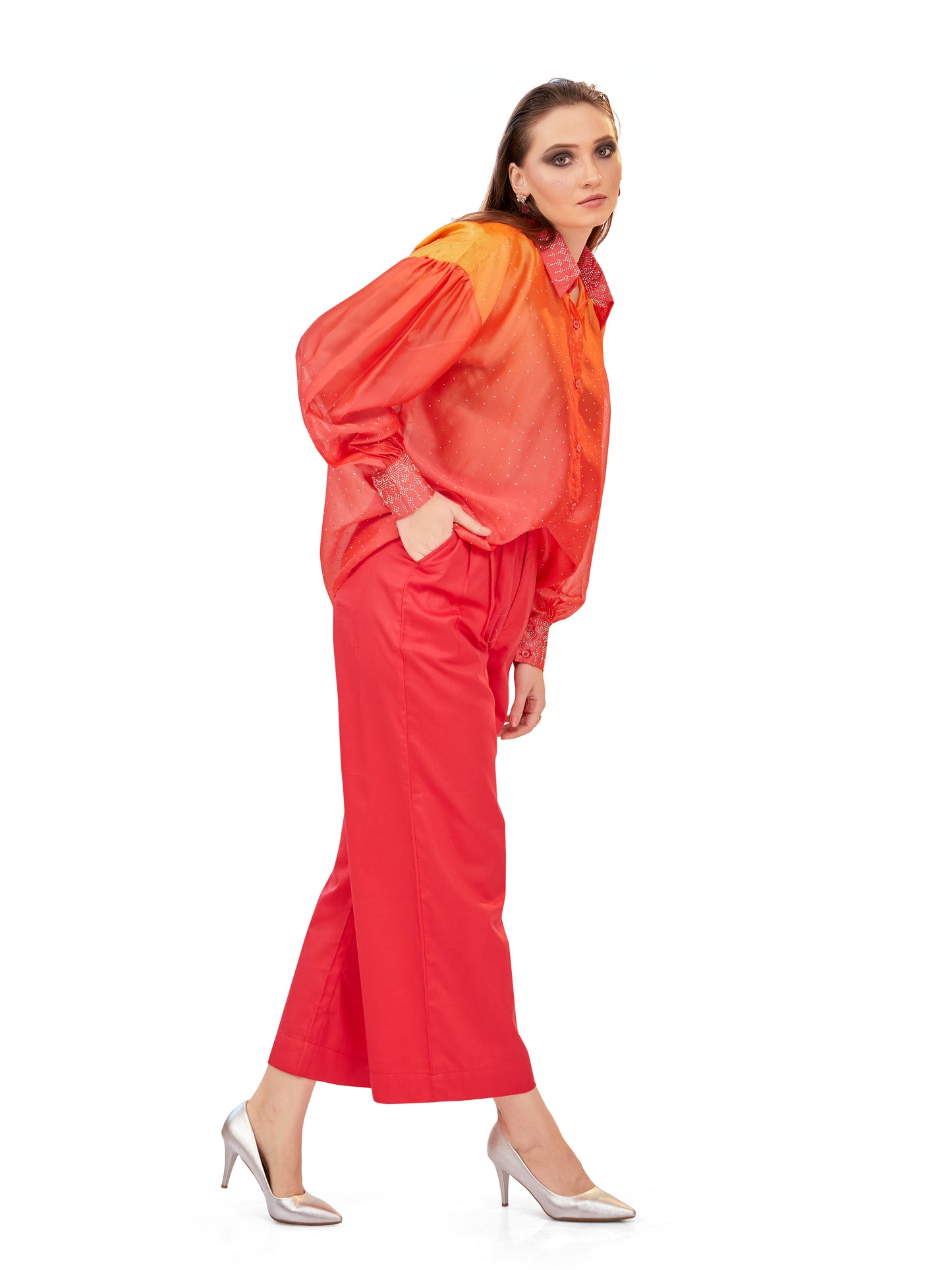 Orange and Coral Shaded Oversized Flowy Shirt with Coordinated Korean Fit Pants