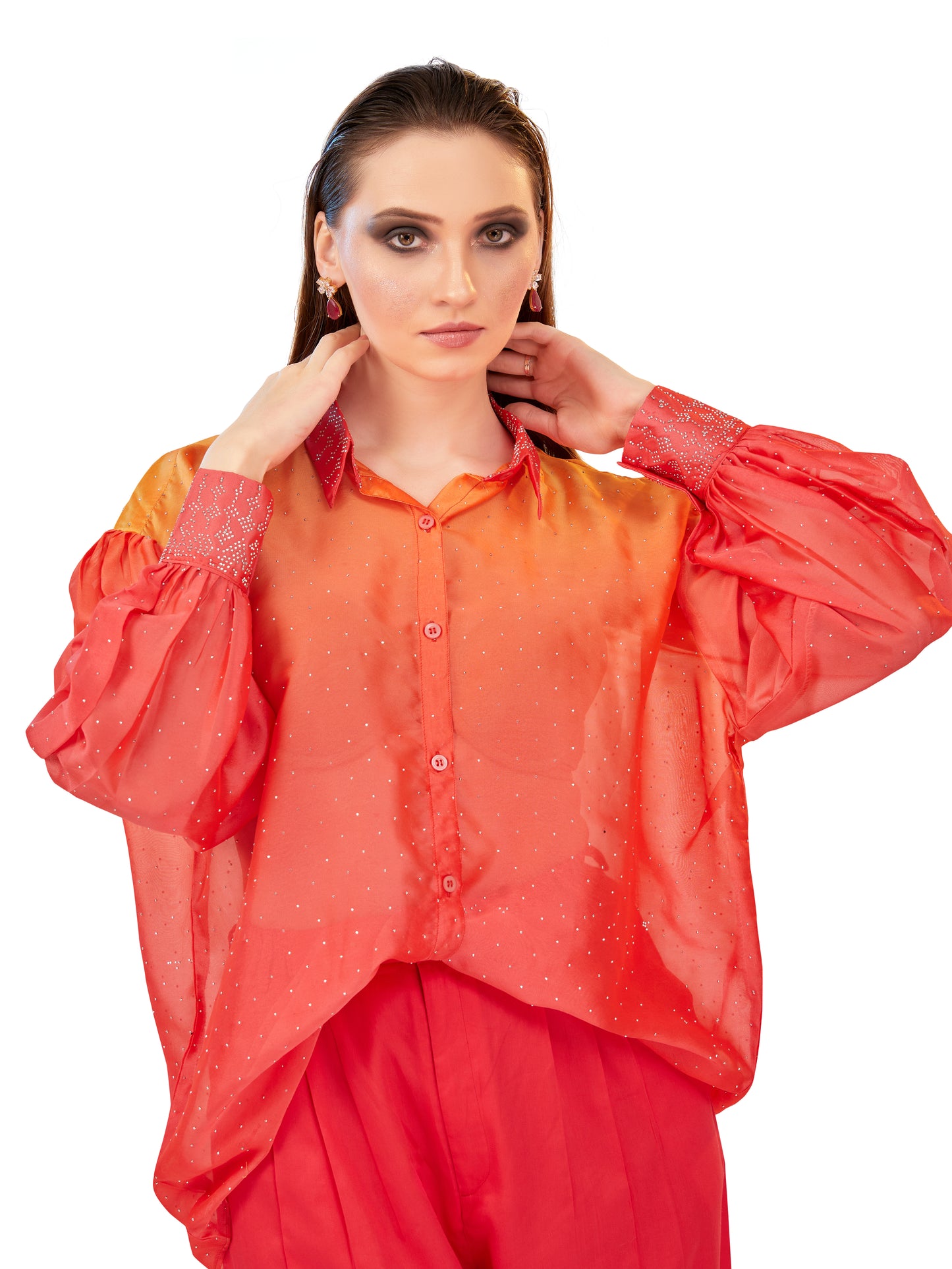 Orange and Coral Shaded Oversized Flowy Shirt with Coordinated Korean Fit Pants