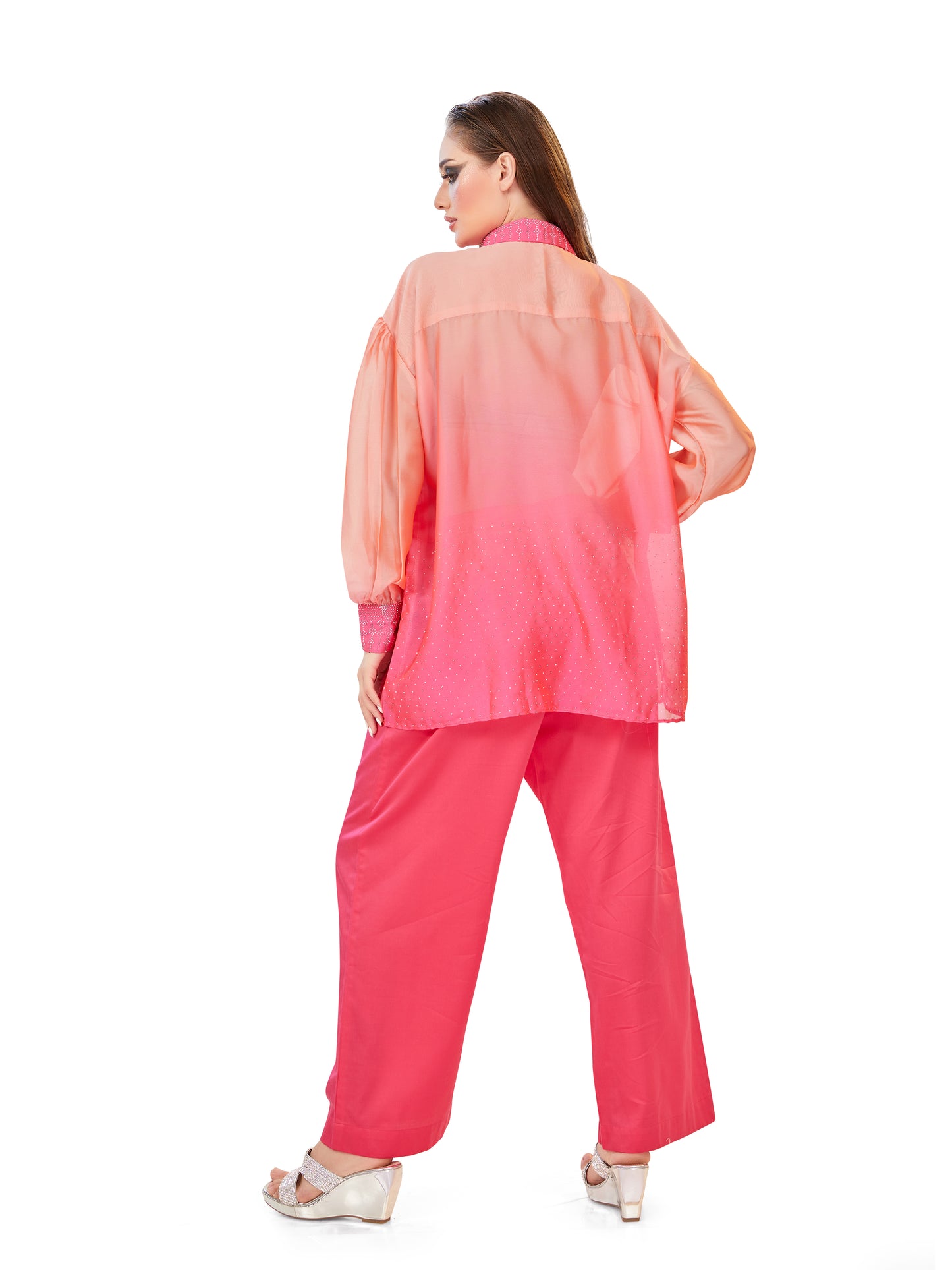 Peach & Pink Shaded Oversized Flowy Shirt with Coordinated Korean Fit Pants