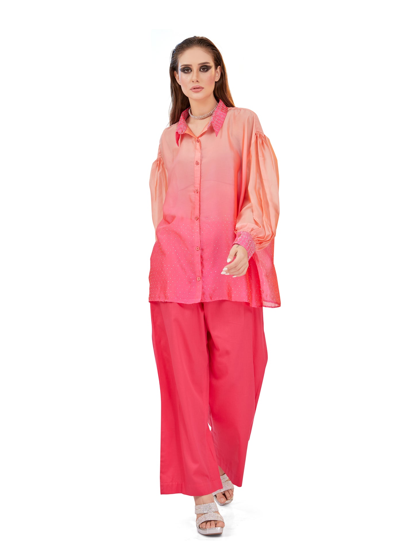 Peach & Pink Shaded Oversized Flowy Shirt with Coordinated Korean Fit Pants