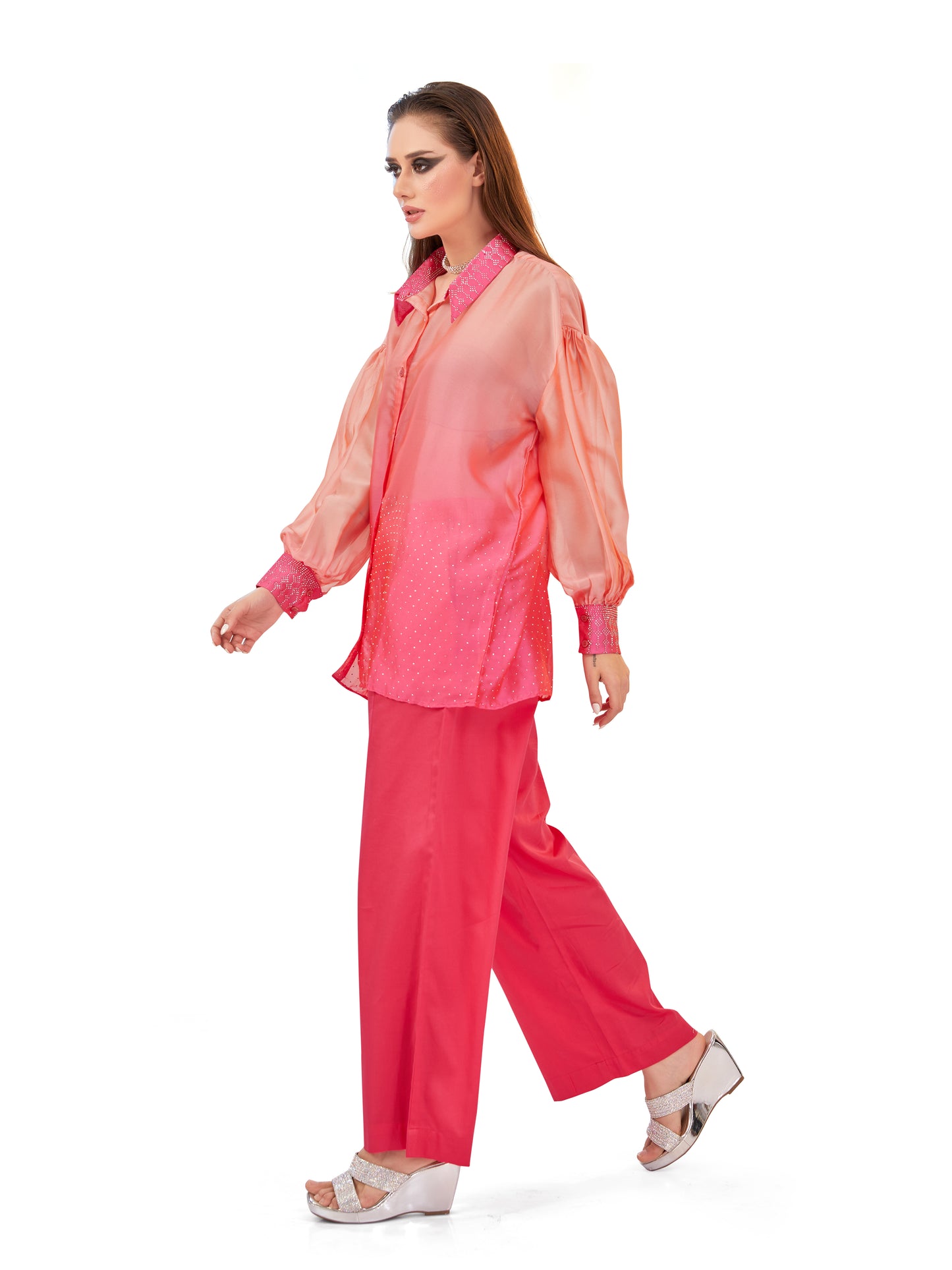 Peach & Pink Shaded Oversized Flowy Shirt with Coordinated Korean Fit Pants