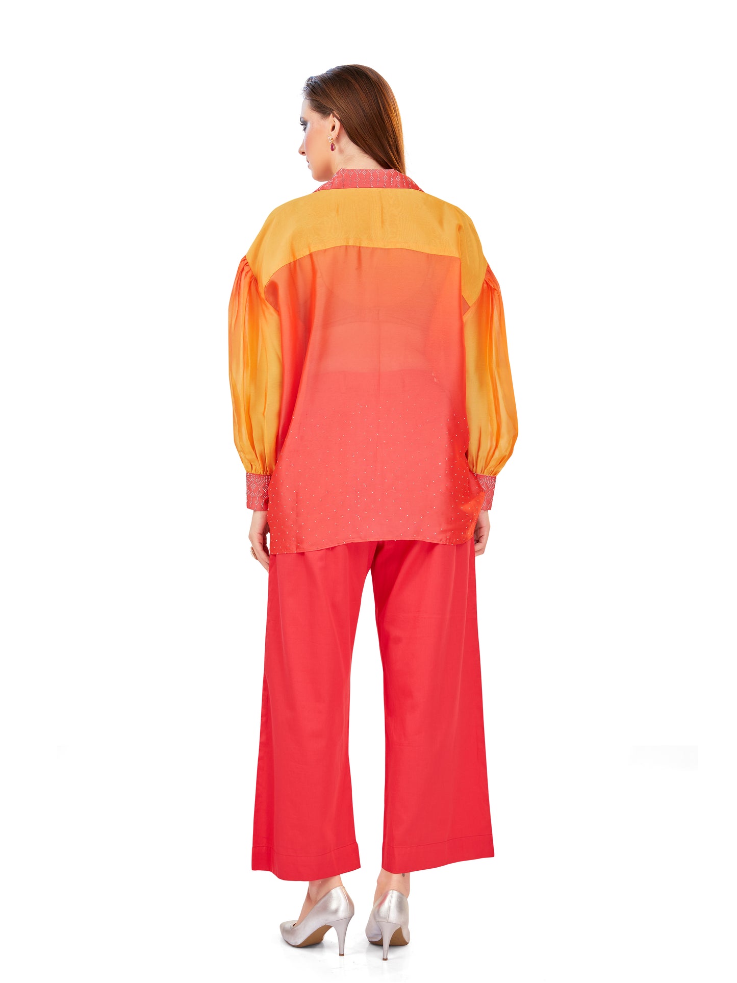 Orange and Coral Shaded Oversized Flowy Shirt with Coordinated Korean Fit Pants