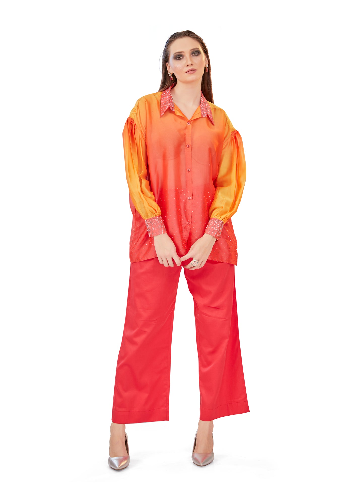 Orange and Coral Shaded Oversized Flowy Shirt with Coordinated Korean Fit Pants