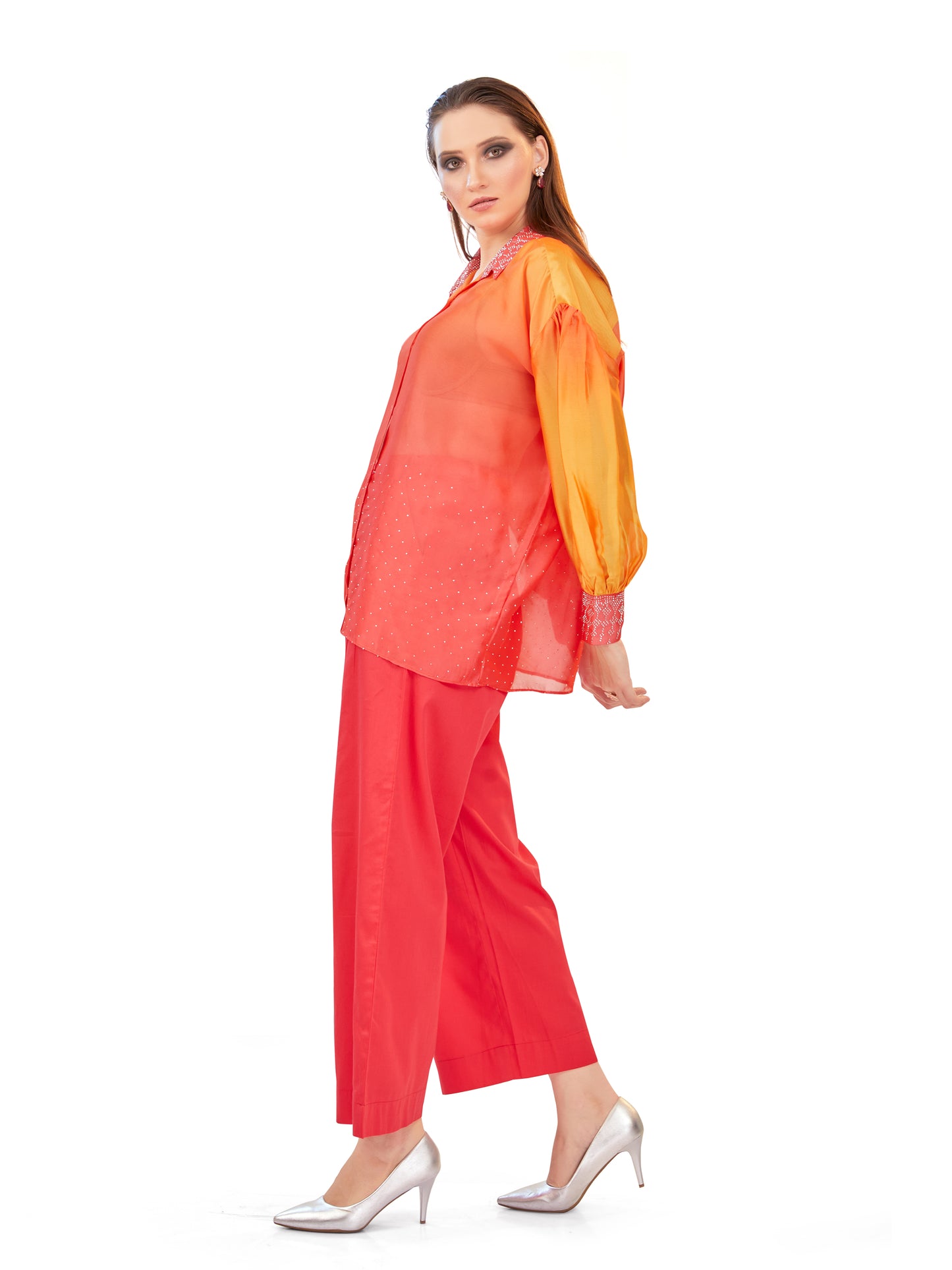 Orange and Coral Shaded Oversized Flowy Shirt with Coordinated Korean Fit Pants