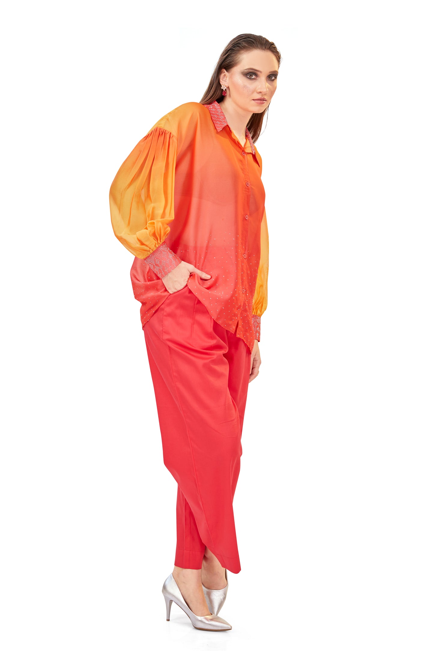 Orange and Coral Shaded Oversized Flowy Shirt with Coordinated Korean Fit Pants