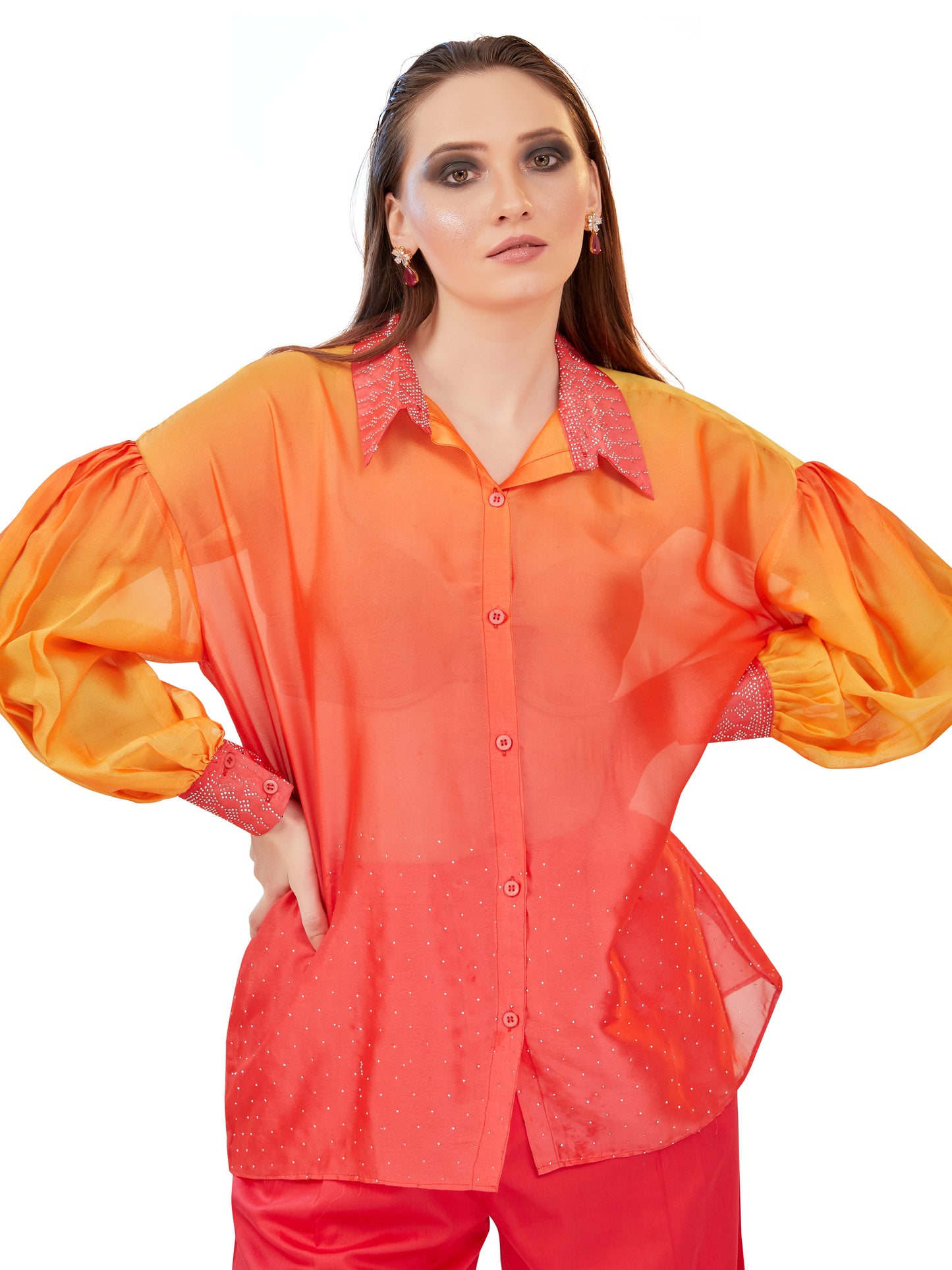 Orange and Coral Shaded Oversized Flowy Shirt with Coordinated Korean Fit Pants