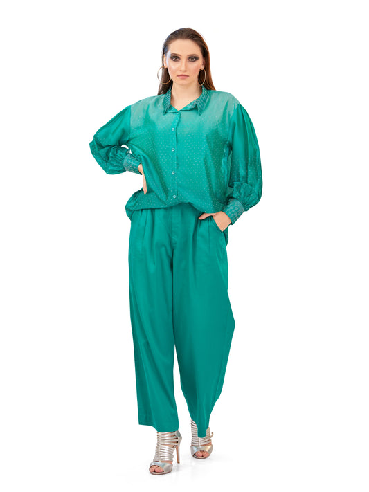 Shades of Green Oversized Flowy Shirt with Coordinated Korean Fit Pants