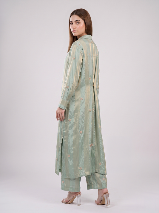 Mint Green Crepe Kurta Set with Gold Handwork