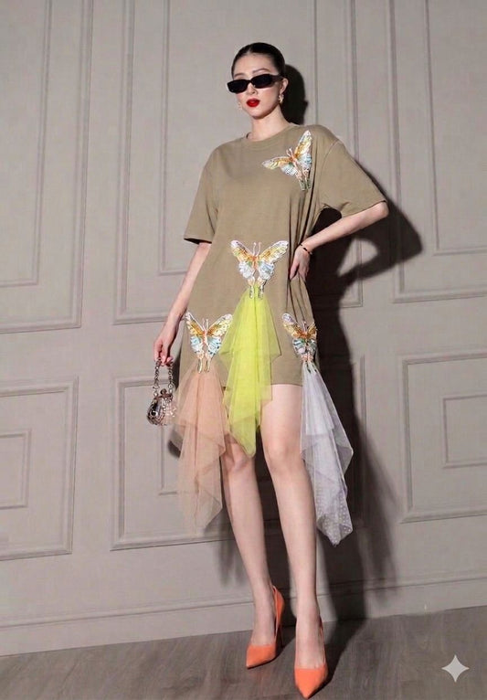 Coral green Dragonfly Tulle Overlay